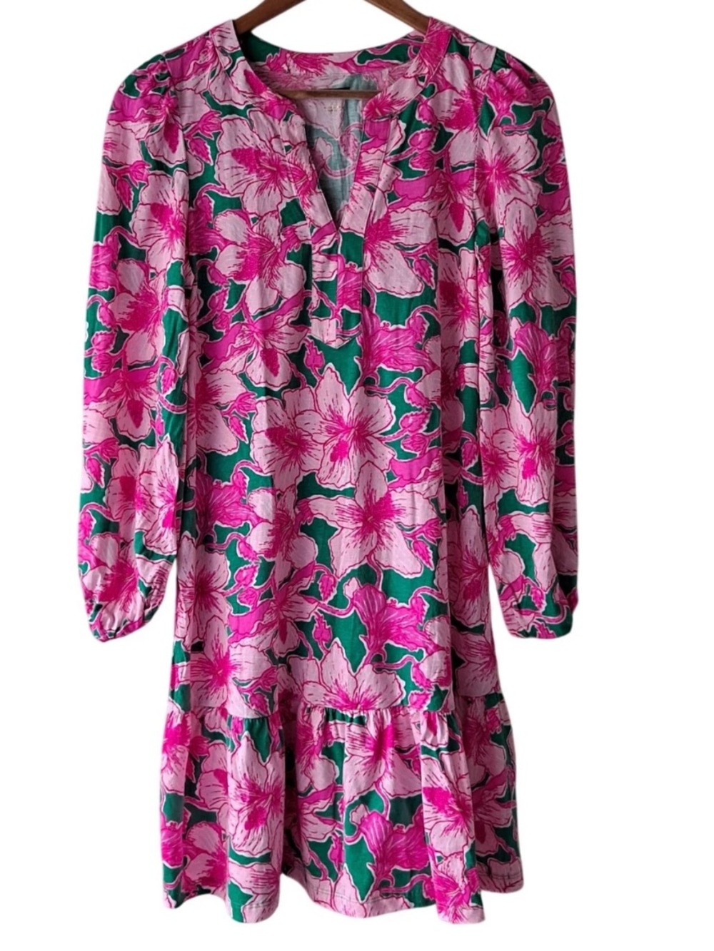 Lilly Pulitzer Pink & Green Floral Long Sleeve Shift Dress medium